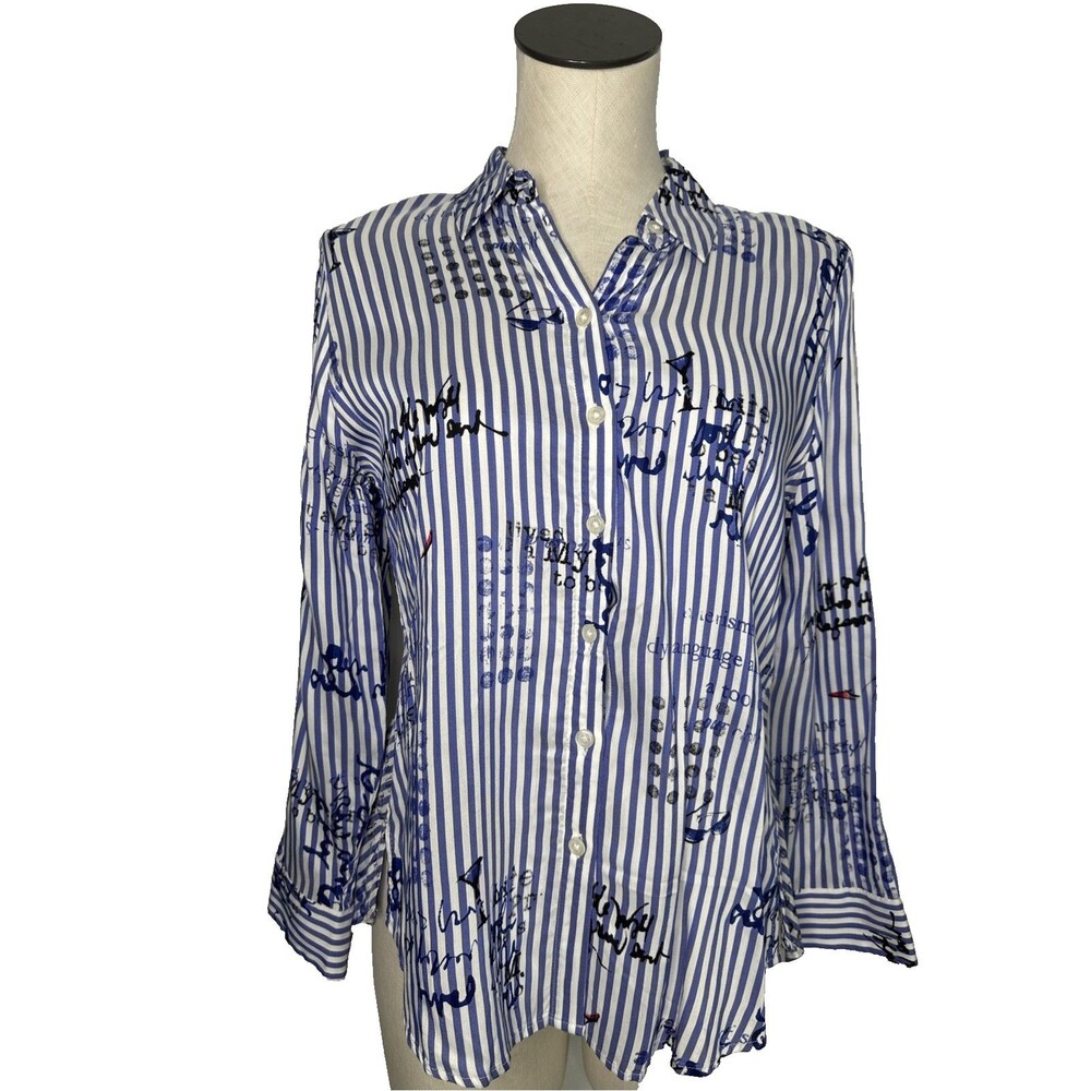 Chico's Blue & White Striped Button Down Top Women's Size OP 
 Blouse Artsy